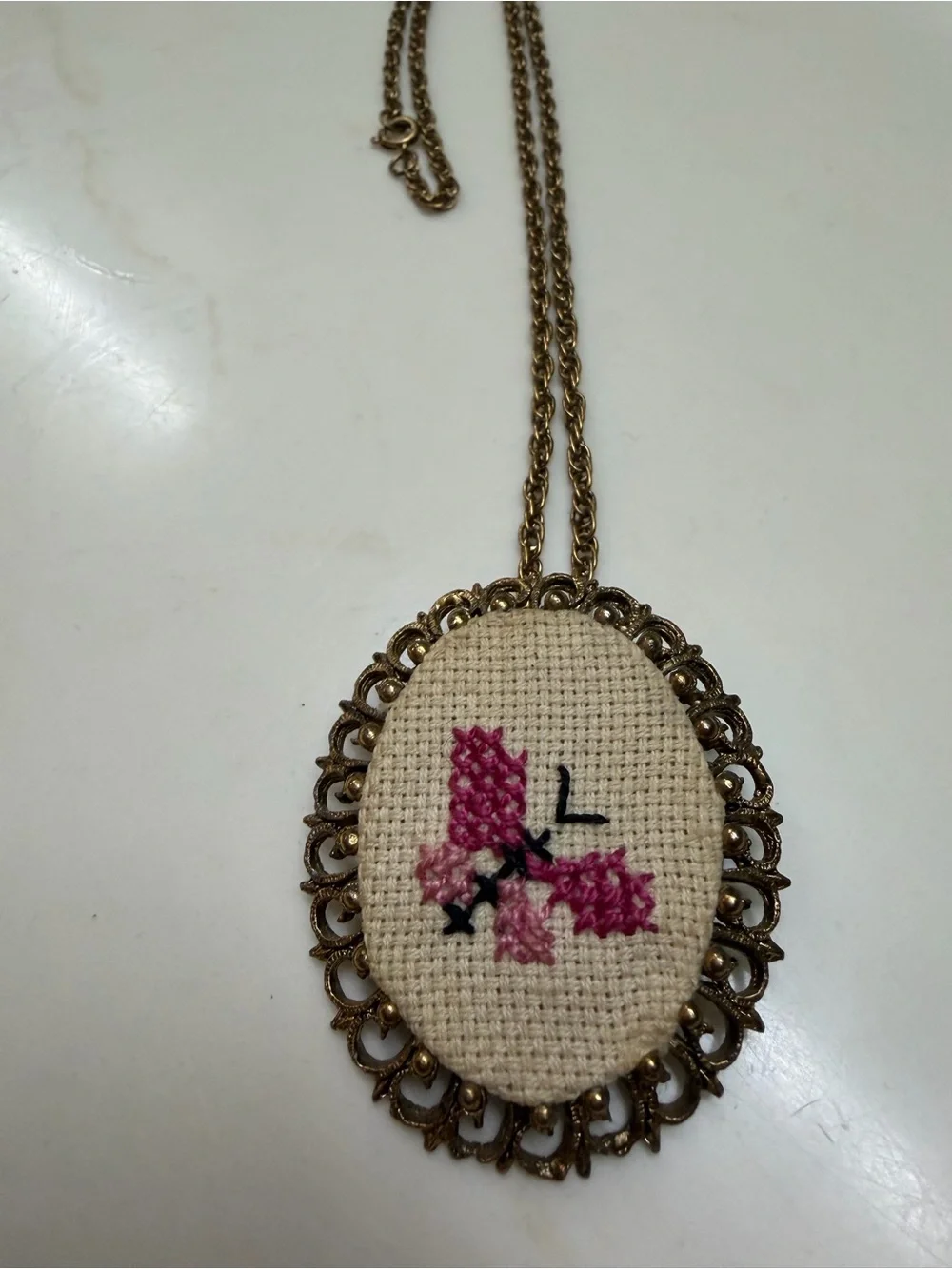 Vintage Hand Embroidered Needlepoint Brooch Pendant Necklace Gold Tone Filigree